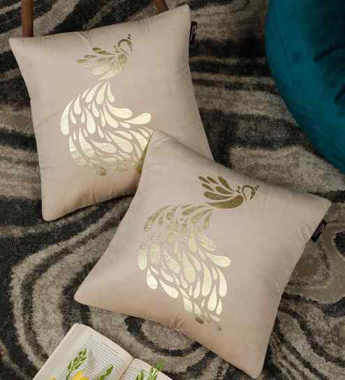 Cream Velvet Geometric 16X16 Inches Cushion Covers (Pack of 2)