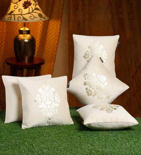 Cream Velvet Abstract 16X16 Inches Cushion Covers (5Pcs)