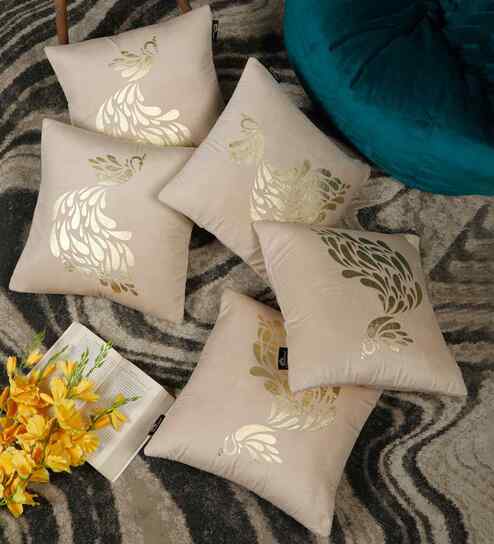 Cream Velvet Geometric 16X16 Inches Cushion Covers (Pack of 5)