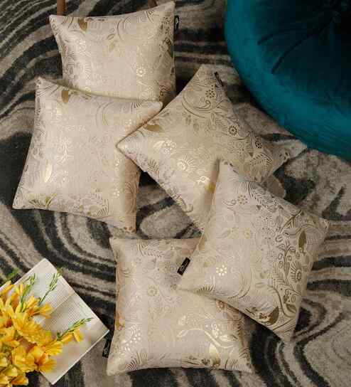 Cream Velvet Geometric 16X16 Inches Cushion Covers (Pack of 5)