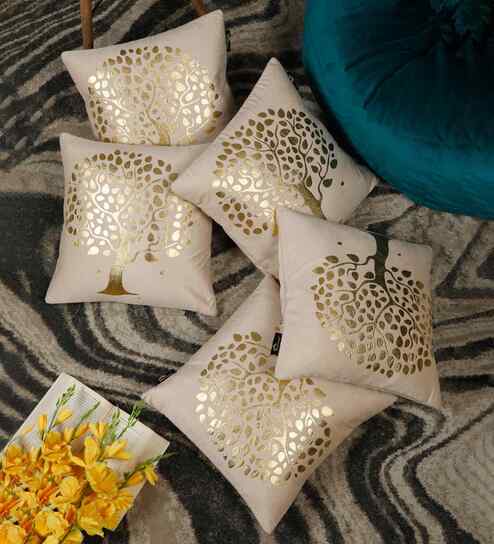 Cream Velvet Geometric 16X16 Inches Cushion Covers (Pack of 5)