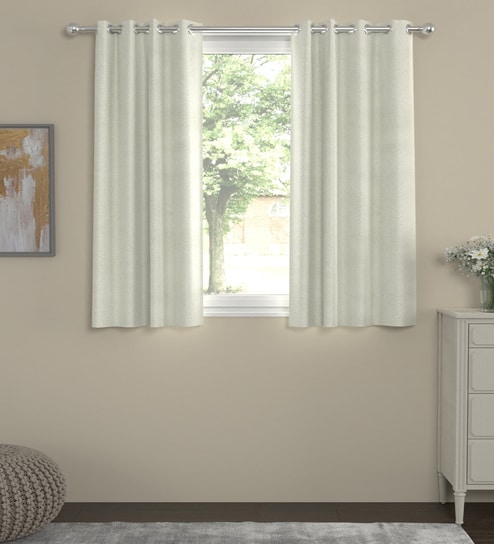 Cream Velvet Solid 5ft Regular Eyelet Window Curtains (2 Pc)