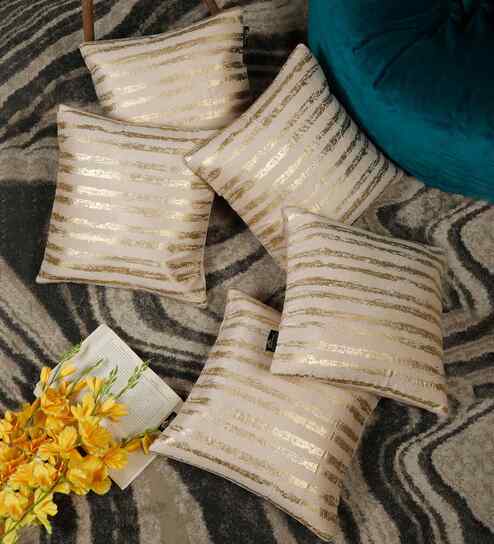 Cream Velvet Striped 16X16 Inches Cushion Covers (Pack of 5)