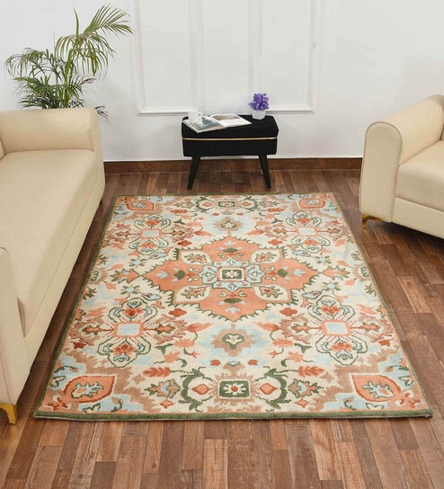 Cream Vintage Polyester 6 x 9 Feet Machine Made Carpet