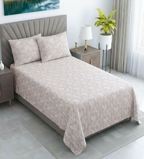 Creamy Beige Floral 400 TC Cotton Single Bed Size Flat Bedsheet With 2 Pillow Covers