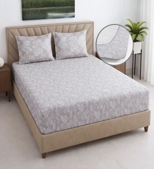 Creamy Beige Floral 400 TC Cotton Superking Size Fitted Bedsheet With 2 Pillow Covers