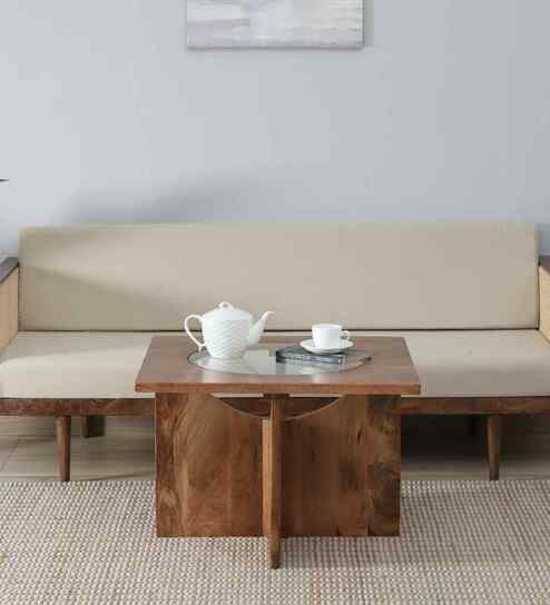 Creil Mango Wood Coffee Table In Rustic Teak Finish With Glass Top