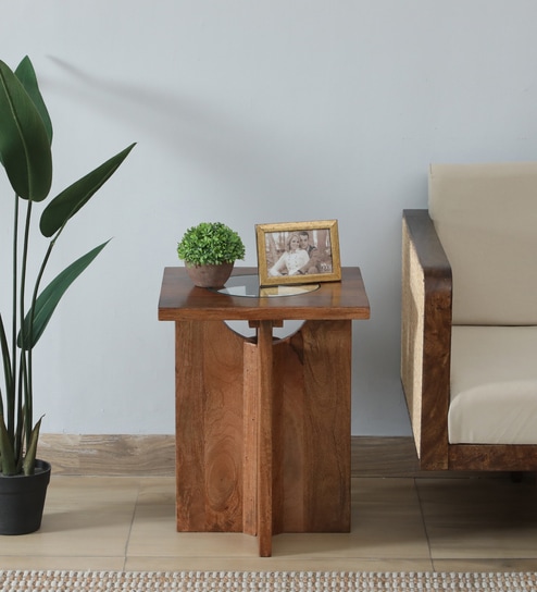 Creil Mango Wood End Table In Rustic Teak Finish With Glass Top