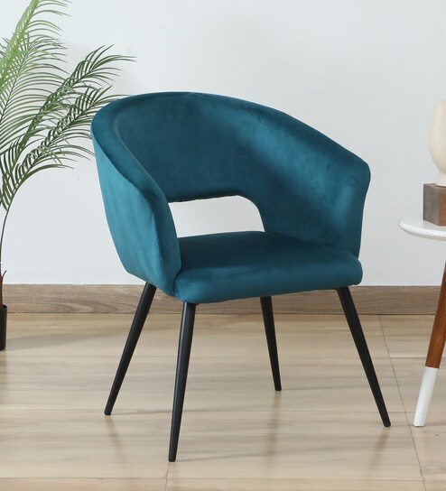 Crescencia Arm Chair In Teal Velvet Fabric With Black Powder Coated Base