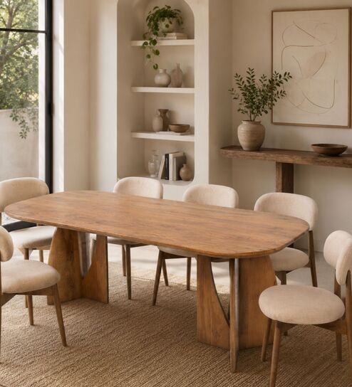 Crescent 6-Seater Dining Table Set In Mango Wood Finish