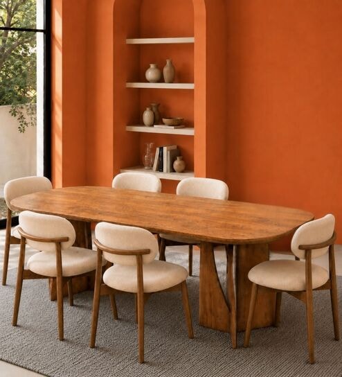 Crescent 6-Seater Dining Table Set In Mango Wood Finish