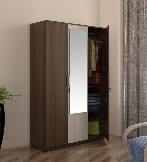 Crescent Three Door Wardrobe With Mirror Drawer In Dark Acacia Finish By Spacewood