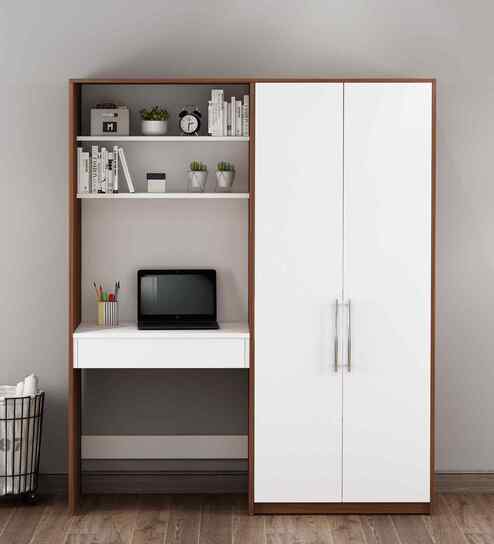 Crest Hutch Desk Cum Wardrobe In Walnut and Frosty White Finish