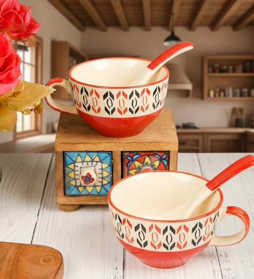 Crimson Red Ceramic Bowl Set of 2