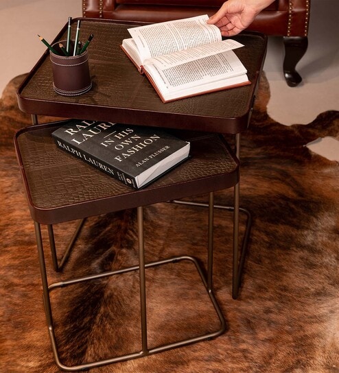 Croco Leather Nest Of Tables In Brown Finish (Set Of Two)
