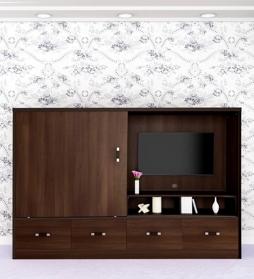 Buy Crosby Wall Tv Unit With Sliding Door In Dark Walnut Finish By