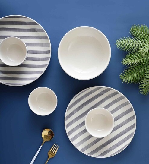 Crosswalk Grey Striped White Ceramic (Set of 14)