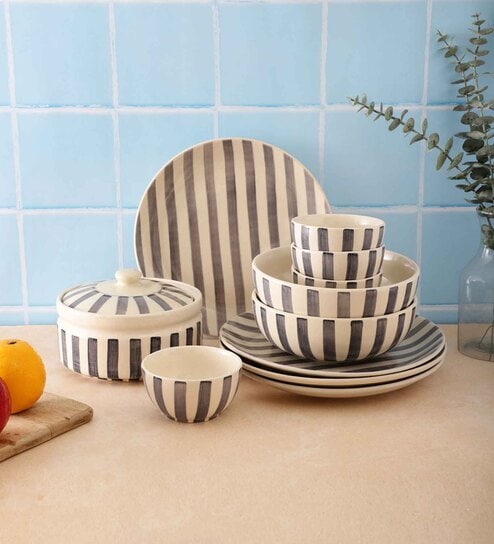 Crosswalk Grey Striped White Ceramic 11 Pc Dinner Set
