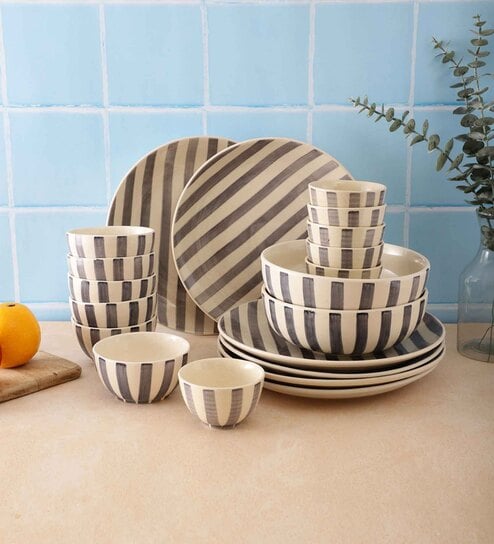 Crosswalk Grey Striped White Ceramic 20 Pc Dinner Set