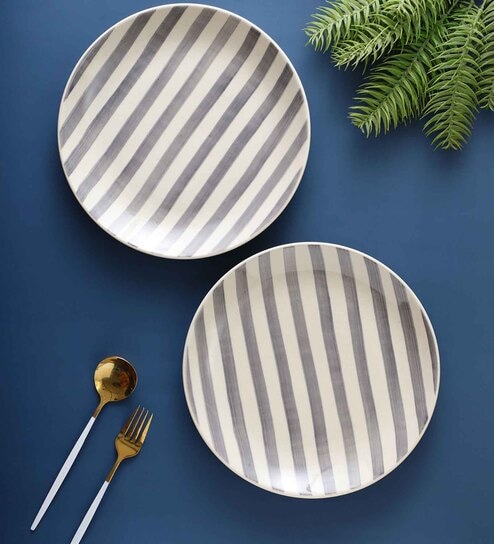 Crosswalk Grey Striped White Ceramic Dinner Plates (Set of 6)