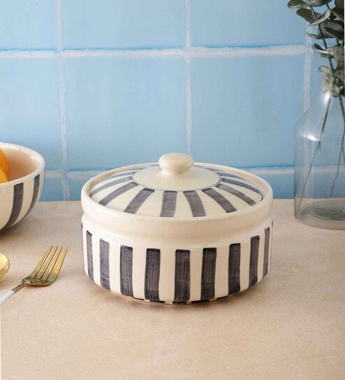 Crosswalk Grey Striped White Ceramic DongaorServing Bowl with Lid