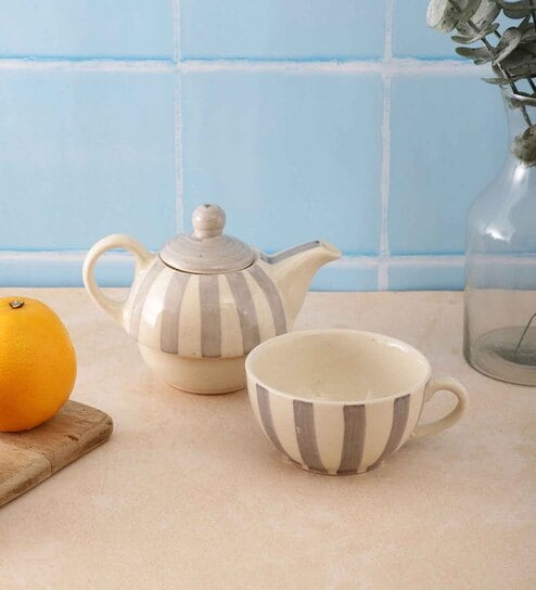 Crosswalk Grey Striped White Ceramic Teapot with Cup