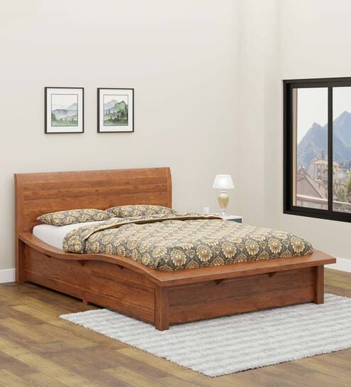 Rys Solid Wood King Size Bed in Brown Colour With Storage