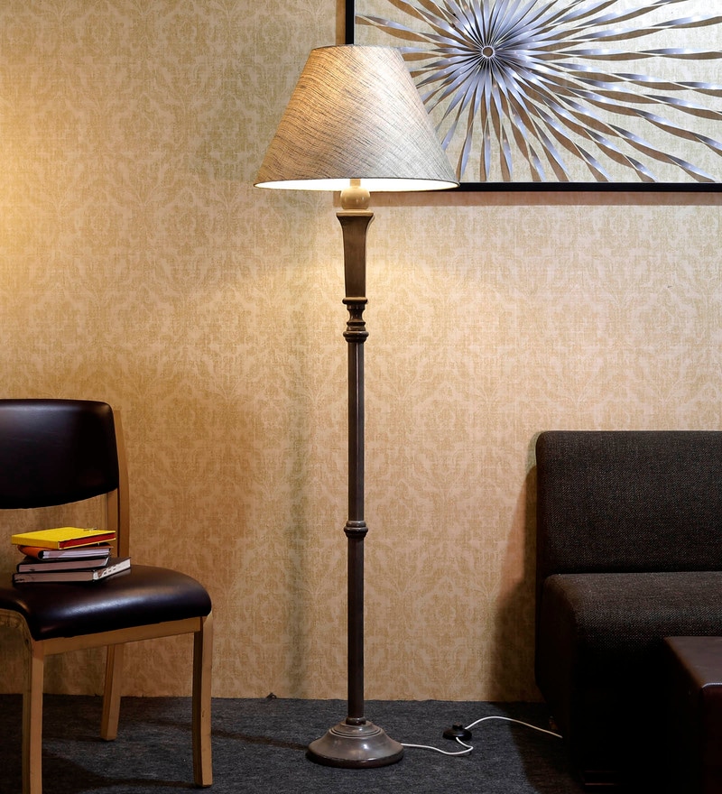 Buy Grey Fabric Shade Floor Lamp with Dark Grey Wooden Base by Craftter