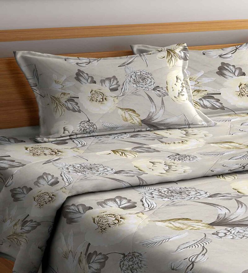 Buy Grey Floral 210 TC Polycotton 4 Pieces Bedding Set by Fabinaliv