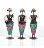 Metal Handpainted Decorative Lady Musician Showpiece Set of 3 in Multicolor
