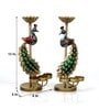 Metal Handpainted Decorative Peacock Tea Light Set of 2 Showpiece in Multicolor