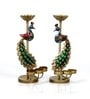 Metal Handpainted Decorative Peacock Tea Light Set of 2 Showpiece in Multicolor