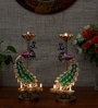 Metal Handpainted Decorative Peacock Tea Light Set of 2 Showpiece in Multicolor