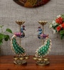 Metal Handpainted Decorative Peacock Tea Light Set of 2 Showpiece in Multicolor