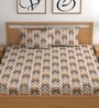 Cream 180 TC Floral Cotton Fitted Double Bedsheet 2 Pillow covers
