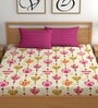 Cream 180 TC Floral Cotton Queen Double Bedsheet 2 Pillow covers