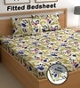 Cream 180 TC Floral Cotton Fitted Double Bedsheet 2 Pillow covers