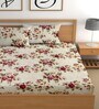 Cream 180 TC Floral Cotton Fitted Double Bedsheet 2 Pillow covers