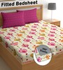 Cream 180 TC Floral Cotton Fitted Double Bedsheet 2 Pillow covers