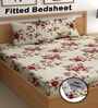Cream 180 TC Floral Cotton Fitted Double Bedsheet 2 Pillow covers