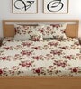Cream 180 TC Floral Cotton Fitted Double Bedsheet 2 Pillow covers