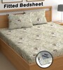 Cream 200 TC Floral Cotton Fitted Double Bedsheet 2 Pillow covers
