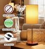 Cream Cylinder Fabric Shade Table Lamp, Brown Wooden Base Bedside & Desk Light for Bedroom, Living Room & Home Decor