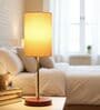 Cream Cylinder Fabric Shade Table Lamp, Brown Wooden Base Bedside & Desk Light for Bedroom, Living Room & Home Decor