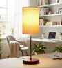 Cream Cylinder Fabric Shade Table Lamp, Brown Wooden Base Bedside & Desk Light for Bedroom, Living Room & Home Decor