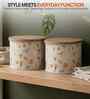 Cream Floral Chevron Printed Metal Airtight Containers With Wooden Lids Set Of 2