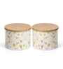 Cream Floral Chevron Printed Metal Airtight Containers With Wooden Lids Set Of 2