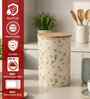 Cream Floral Chevron Printed Metal Airtight Storage Container With Wooden Lid