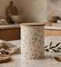 Cream Floral Chevron Printed Metal Airtight Storage Container With Wooden Lid