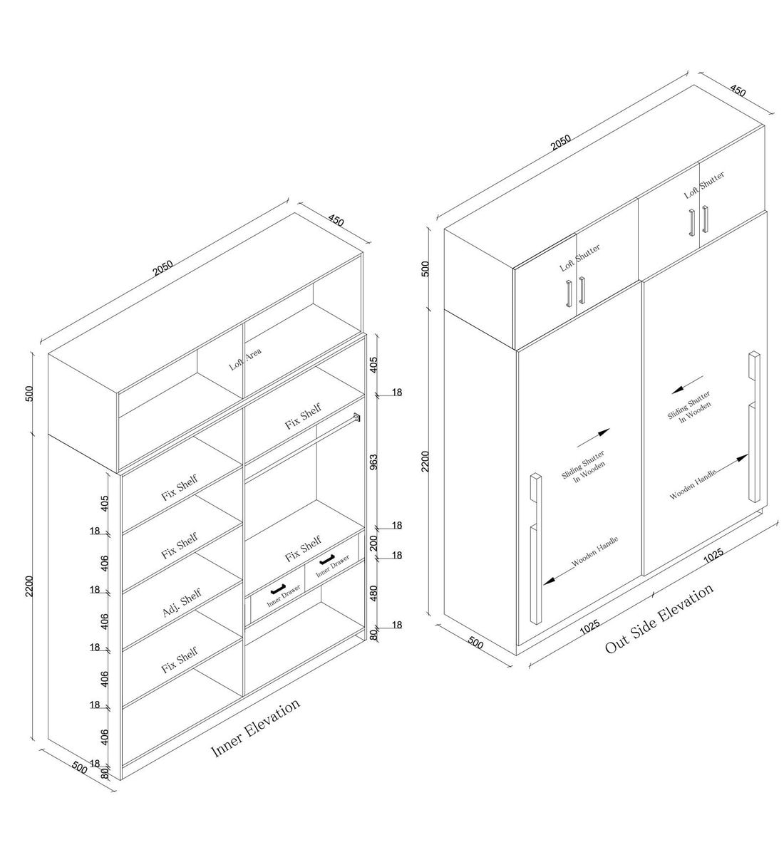 Buy Customized 2 Door Modular Wardrobe with lofts in Pre Laminated MDF